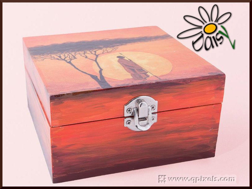 Wooden box decorated with Africa-like landscape using decoupage technique, handmade.