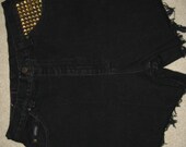 Vintage Studded High Waisted Black Distressed Frayed Cut Off Denim Shorts Size 32" Waist