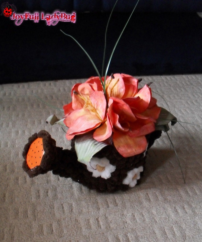 Decorative watering can with flower, fluffy, brown, decor, Flower Arrangement - JoyfulLadyBug