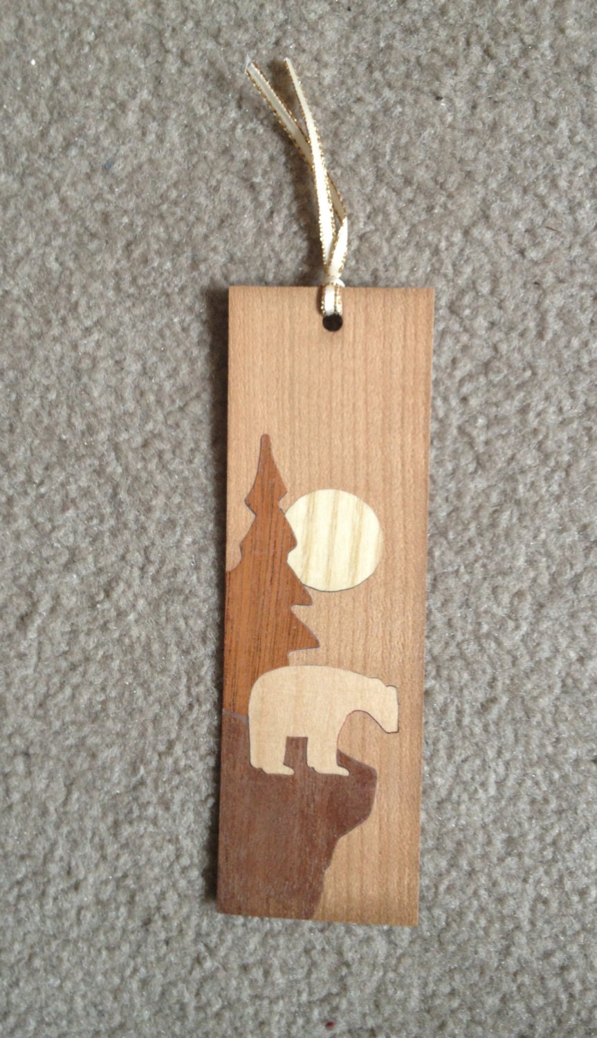 Wood Inlay Bookmarker.  BEAR ON CLIFF