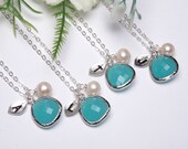 15 OFF,Set of 5,PERSONALIZED INITIAL,Leaf initial,Initial Necklace,Stone in bezel,wedding jewelry,bridal jewelry,Aqua blue, Tiffany blue
