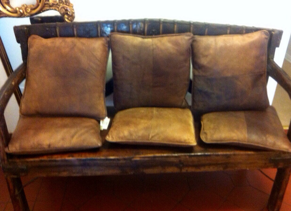 Indonesian Wood Bench with Rivets, Wrought Iron & Leather Pillows
