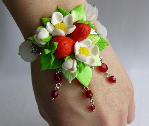 Just delicious polymer clay bracelet with  strawberries.