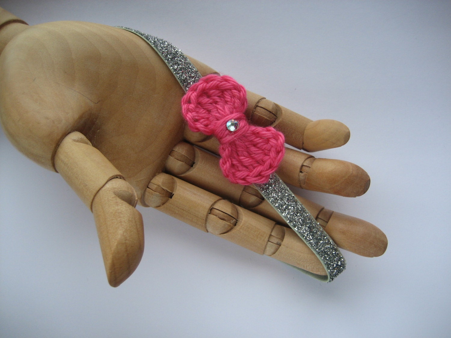 Bright Pink Crochet Bow, Swarvoski Crystal, Yarn, Hair Bow, Headband, Clip, Newborn, Toddler