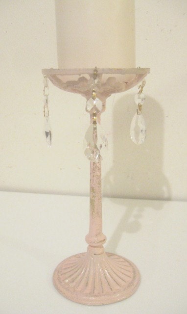 Vintage Ornate Tall Iron Shabby Pink Chippy Chic Pillar Candle Holder 10" Crystal Prisms Paris Romantic