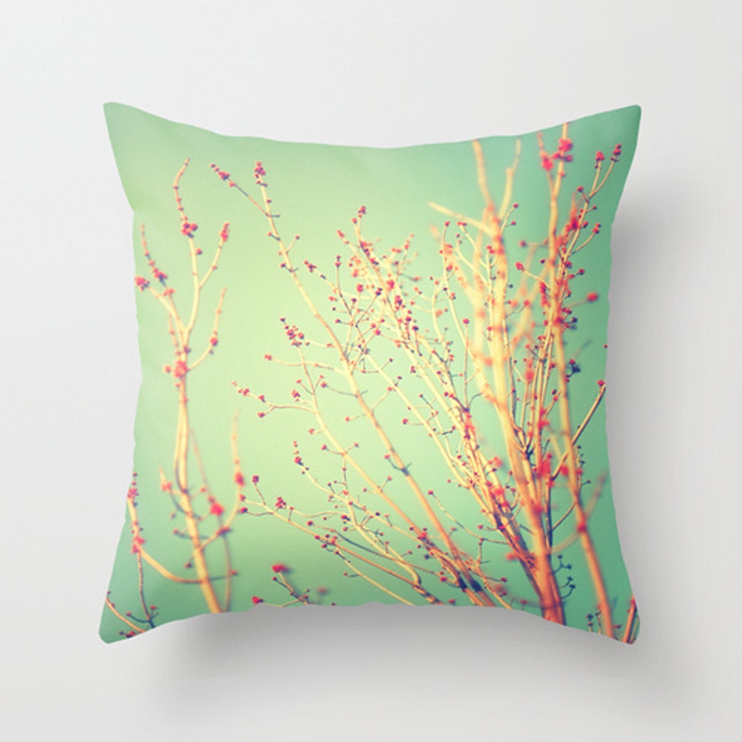 Spring Tree Decorative Pillow, Teal and Red plush pillow, throw pillow