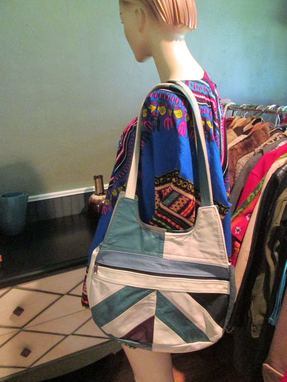 50% off Large 16" Retro Indie Bohemian 70s Leather Shoulder Handbag Tote Carryall Hobo Purse