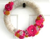 Mustard and Fuchsia Fizz: 14 inch Felt and Yarn Wreath