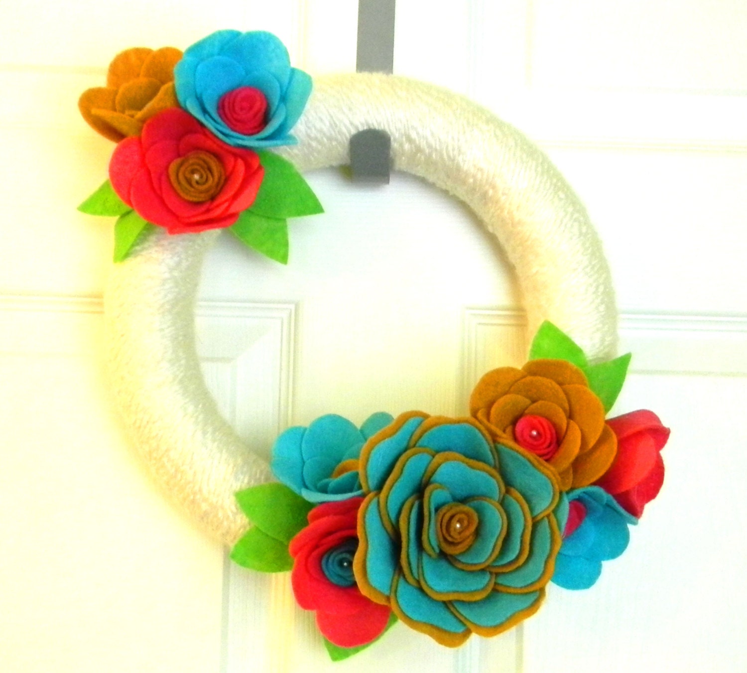 Felt and Yarn Wreath: 12inch "Color Pop. Teal, Hot Pink. Mustard, and Lime " and FREE Micro Wreath