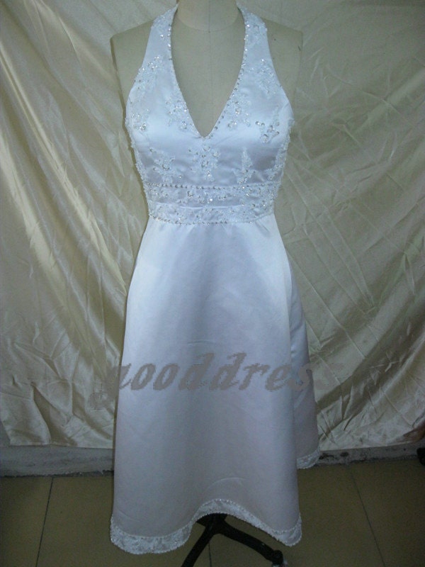 New arrival white halter appliques beaded A Line satin zipper back short party prom dress wedding gown