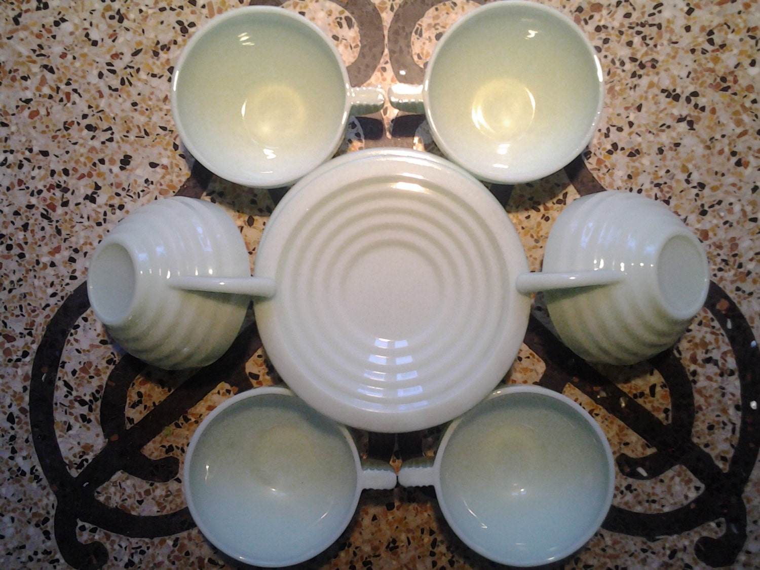 Art Deco...Jadeite green... French vintage.. Milkglass...set of 6 teacup & saucers....Wedding Gift..