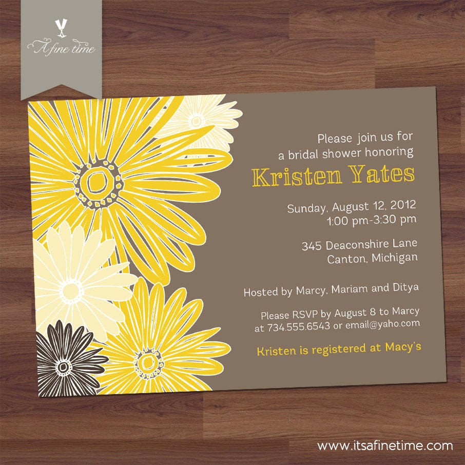 Bridal Shower Invitation - Baby Shower - "Daisy Sunflower" - Yellow Brown - Blossom, Blooms, Floral, Flowers (DIY Digital Printable)