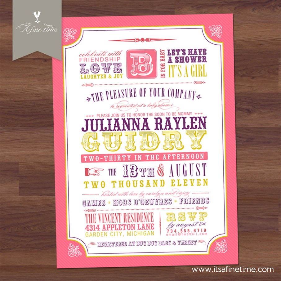 Baby Shower Invitation - Vintage, Poster, Typography - pink, purple, yellow - girl, twins - country, bbq, circus, western (Printable)