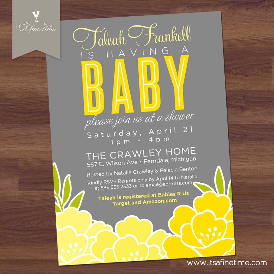 Baby Shower Invitation - Modern Bloom - Floral, grey, yellow, lemon, sunshine - Girl, Boy Twins, Gender Neutral (DIY Digital Printable)