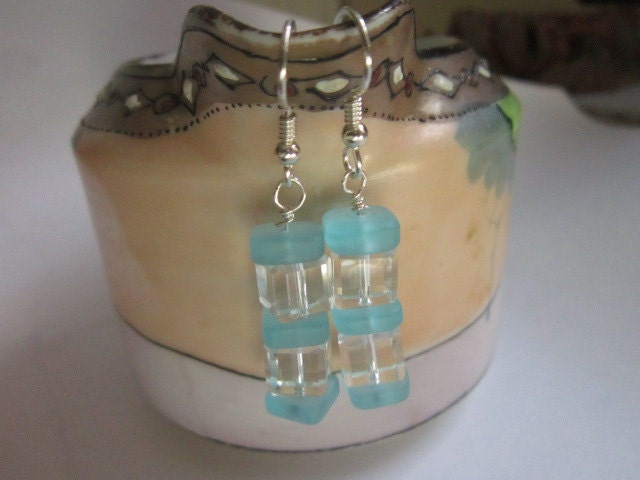 Czech glass dangle earrings transparent beveled cubes with aqua recycled glass square spacers cubes sterling silver French hook ear wires