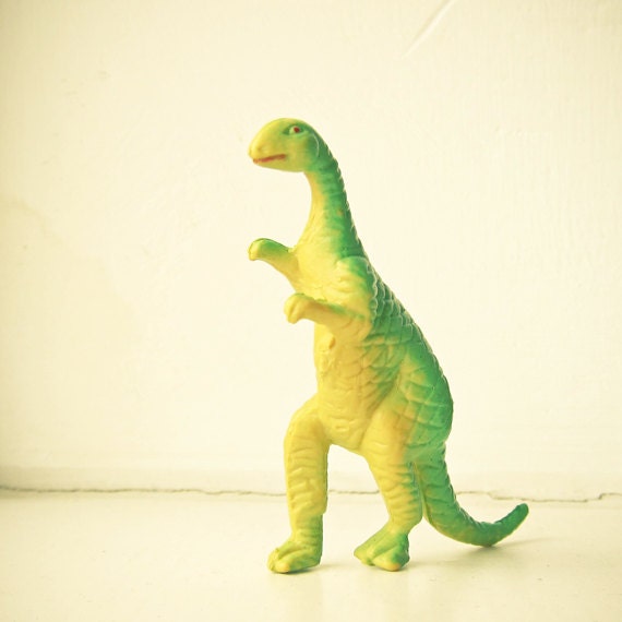 Dinosaur Attack- Dinosaur art print, toy photography, childrens art, little boys room, retro wall art, green, yellow 8x8 still life print