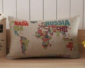50cmx30cm Colorful World Map Design Linen Pillow Case Cushion Cover