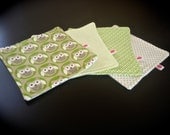 4 Pack Green and White Baby Wipe/Wash Cloth Set - Flannel front and back - Owl, Stripe, Polka Dot & Criss Cross Patterns