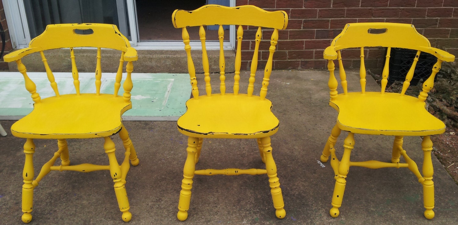 4 Gorgeous Sunshine Yellow Antique Mahogany Chairs  /furniture/cottage/upcycle/distressed/eco/country/farm/vintage/wood/primitive