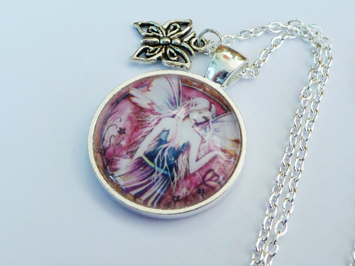Fine necklace with fairy, fantasy necklace, fairytale, elf, silver necklace, round pendant