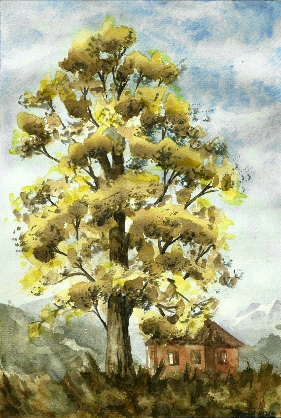 Autumn Tree, original watercolour painting, 25x36 cm (10x14 inch), one of a kind