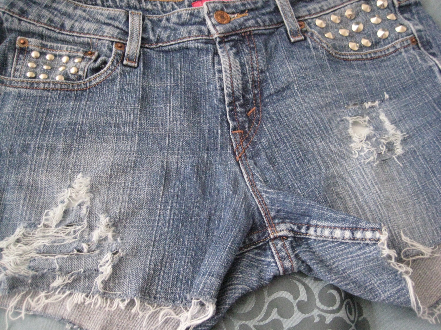 Silver Studded and Distressed Recycled Custom Handmade Denim Shorts Size 11