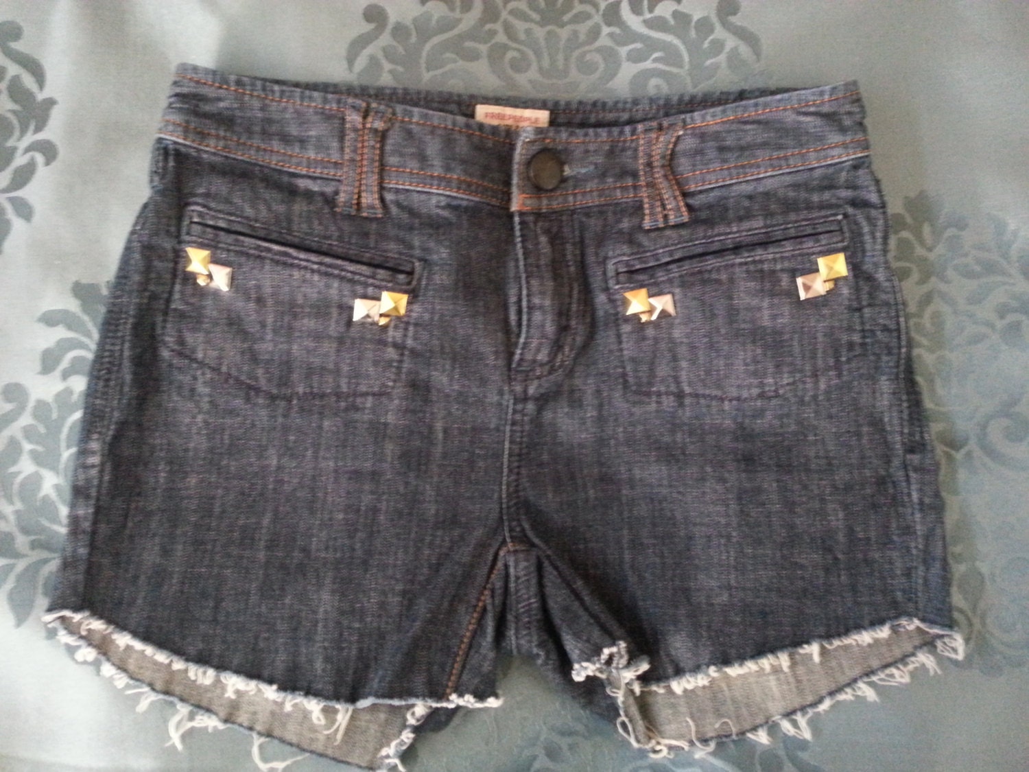 Gold and Silver Studded Recycled Custom Handmade Denim Shorts Size 26