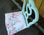 Beachy seafoam and coral dining chair reupholstered with vintage floral table linen upcycled and repurposed