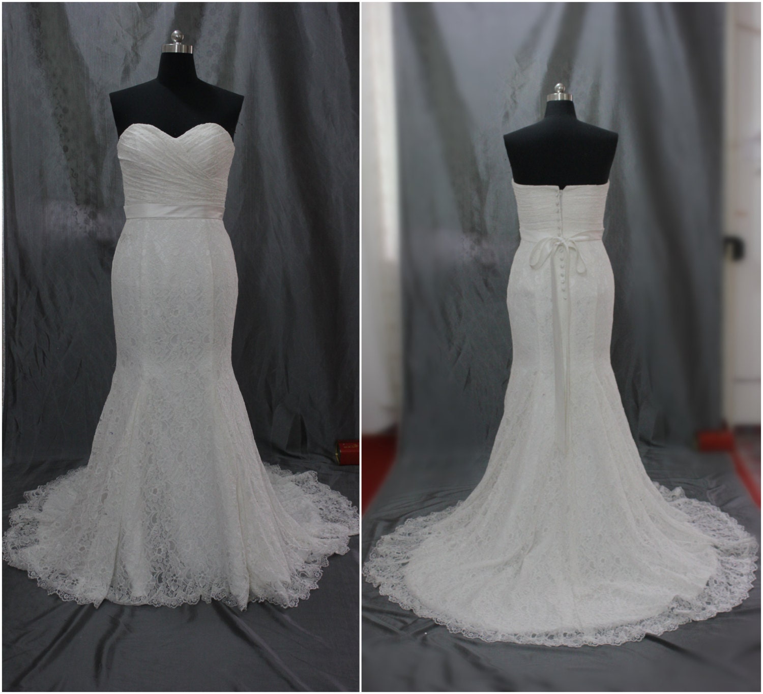 Custom Made Sweetheart Chantilly Lace Mermaid Wedding Dress,Bridal Gown,Strapless Wedding Gown