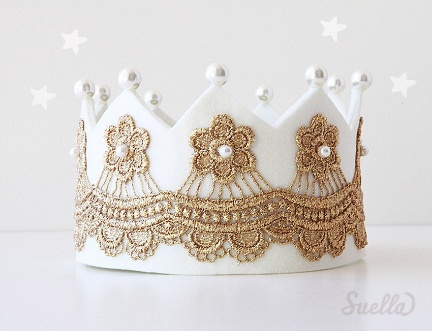 Gold Lace on creamy ivory Felt Princess Crown with pearls Girls Party