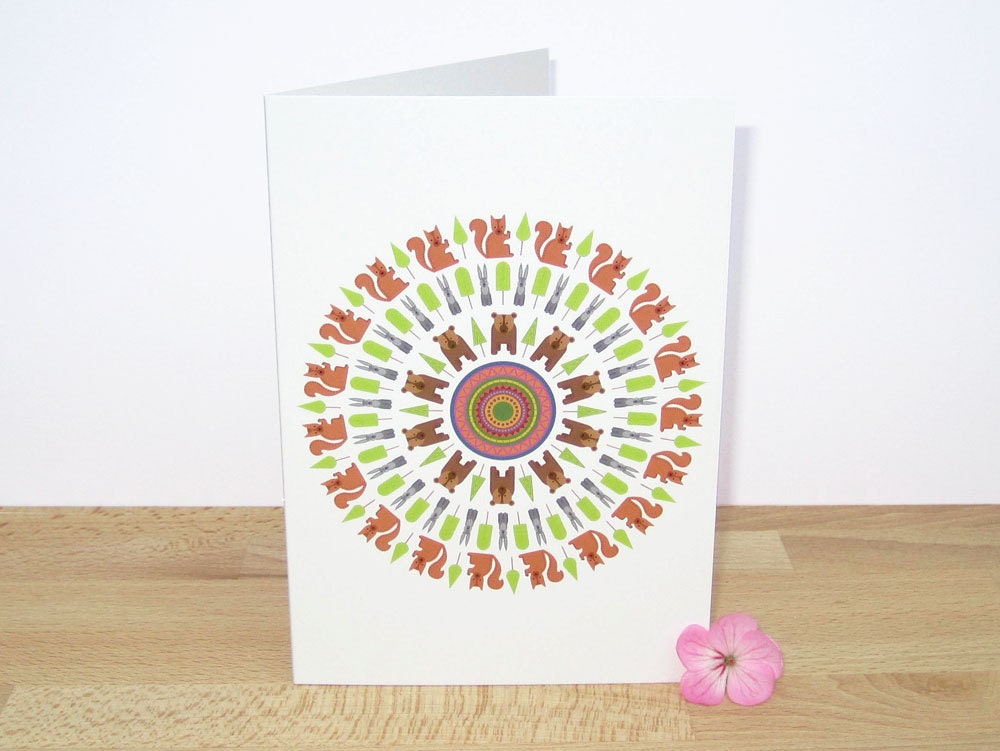 Greeting Card - Squirrel / Hare / Bear spiral pattern