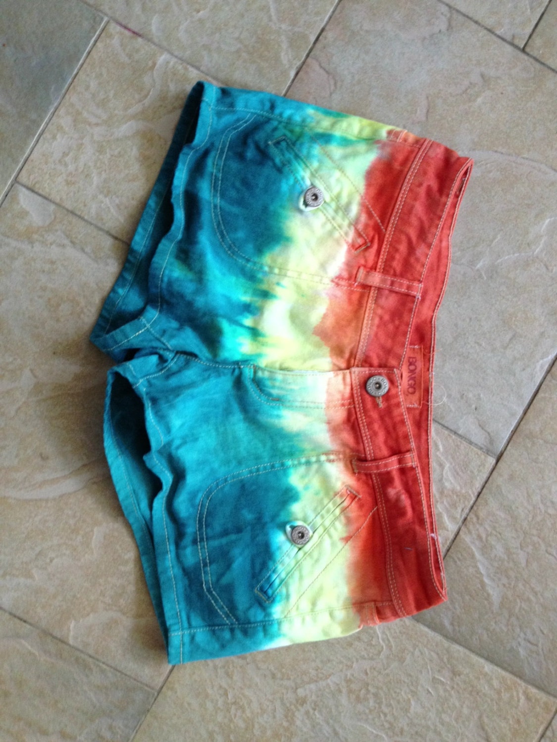 Womens Bongo orange yellow teal blue Ombre Jean Denim Shorts sz 11