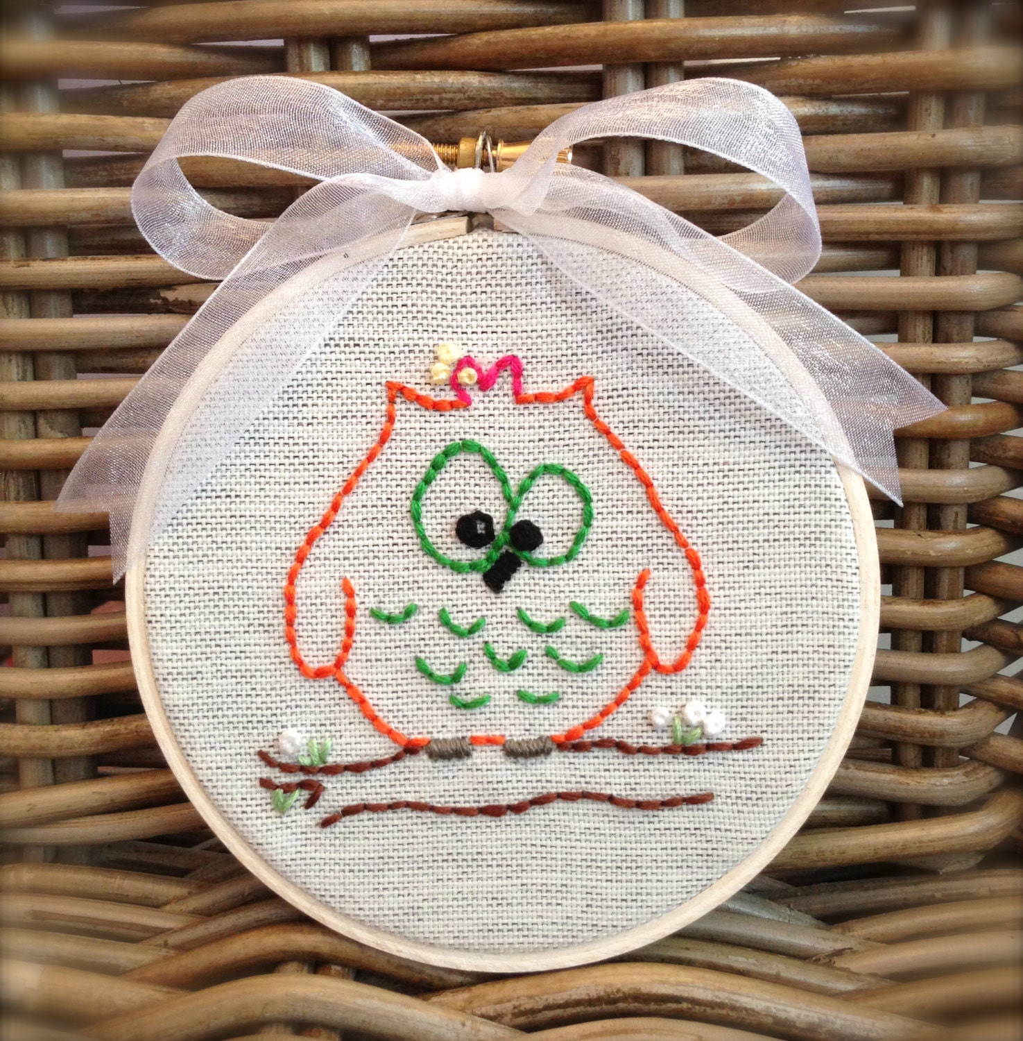 Embroidery Hoop Wall Art, Hand Embroidered Owl, 4" Wood Hoop, Eco-Felt Covered Back, Organza Ribbon, Embroiderwee