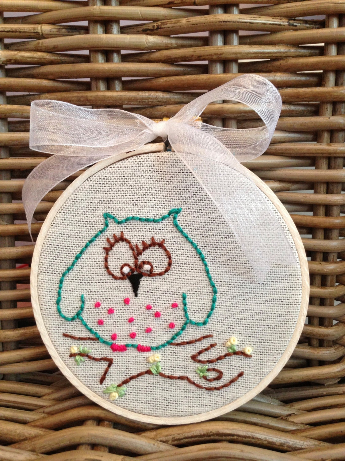 Embroidery Hoop Wall Art, Hand Embroidered Owl, 4" Wood Hoop, Eco-Felt Covered Back, Organza Ribbon, Embroiderwee