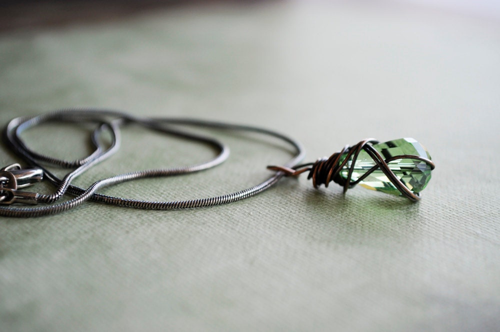 Green Glass Briolette, Copper Wire Wrapped, Sterling Silver 925 Snake Chain