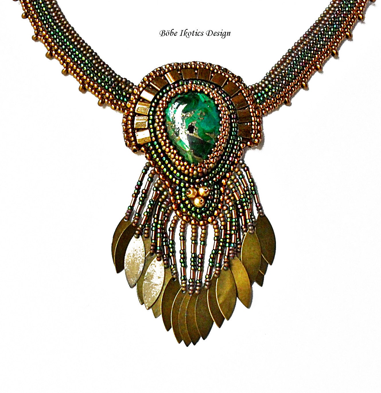 Bead Embroidery Necklace Blue Bronze Green Gold Handmade Bead Embroidered OOAK