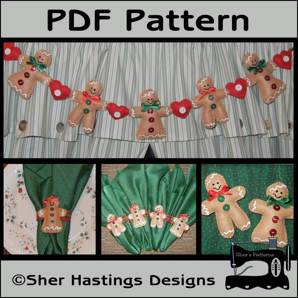 PDF Pattern for Gingerbread Garland, Gingerbread Ornaments Pattern, Gingerbread Napkin Rings Pattern, Favors, Christmas - Tutorial, DIY
