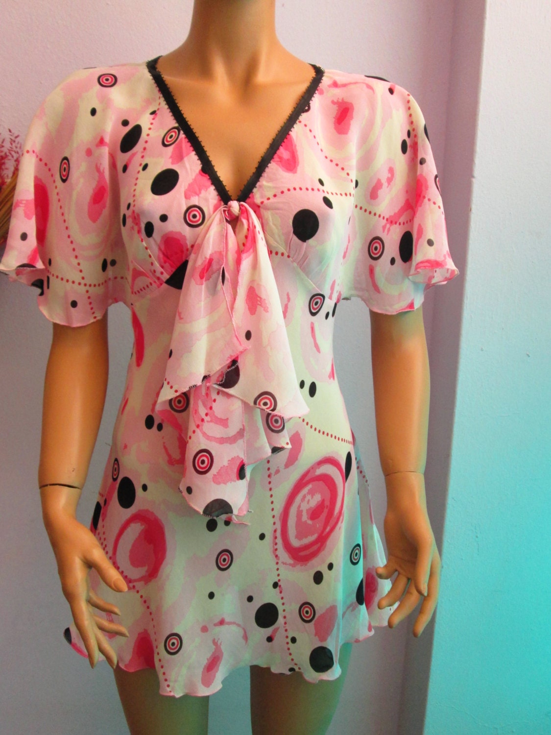 Pink white chiffon blouse,summer beach dress,swimsuit cover up top tunic,houte couture beachwear cover up,handmade blouse