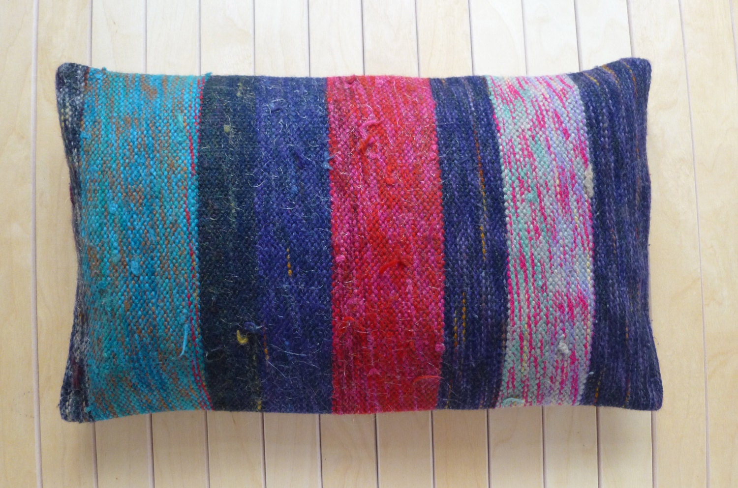 Decorative Throw pillow Wool Hand woven cushion cover Gorgeous Lumbar with stripes Blue Turquoise large stripes