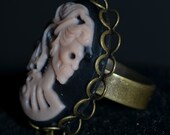 Unique Pale Pink & Black Skeleton/Skull Cabochon/Cameo adjustable ring (steampunk, gothic, alternative, indie, vintage, retro)
