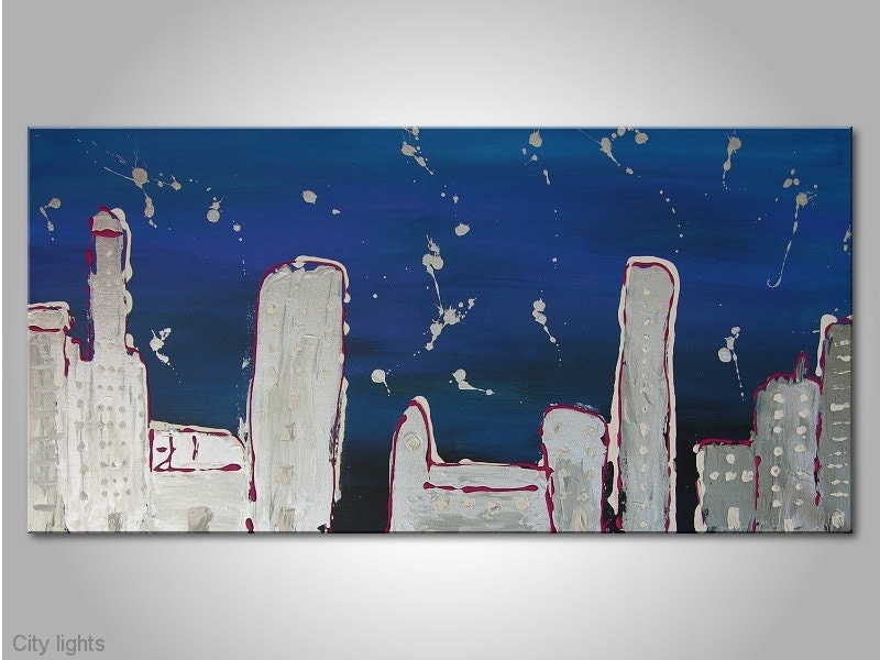 Unique modern art painting: "city lights" - abstract artwork -contemporary picture - acrylics-blue,silver,design