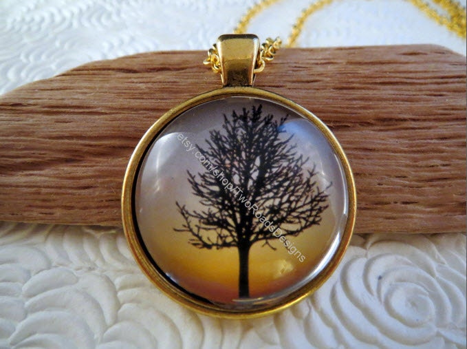 Sunset Tree Glass Art Pendant Necklace - Tree of Life - NC16