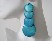 TIKI TURQUIOSE Wood Circle Funky Trendy Round Long Chandelier Handmade Blue Aqua Unique Earrings Sale Cute