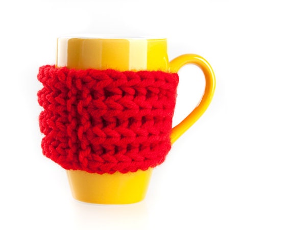 Hand Knitted Mug Warmer. Cup Cozy. Handmade Red