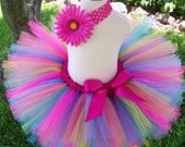 Rainbow Birthday Tutu Toddler Tutu with Floral Crocheted Headband Set Size 2T-Child 6