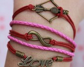 Love Bracelet, Karma Bracelet, Bow and Arrow Bracelet - Antique Bronze Charm Bracelet, Wine Red Wax Cord Bracelet, Friendship gift