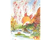 Nursery Wall Art, Children Picture Art, Illustration art, Watercolor painting, Animals, Fox, Frog, Tricksters, 8.5 x 11 inch