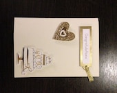 Handmade congratulations card, gold wedding cake and heart