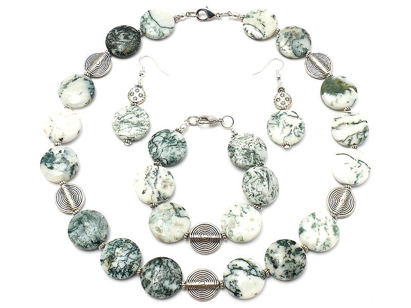 Gemstone Semiprecious Stone Bracelet Necklace Earrings Set Jewelry Unique Beaded Natural Moss Agate