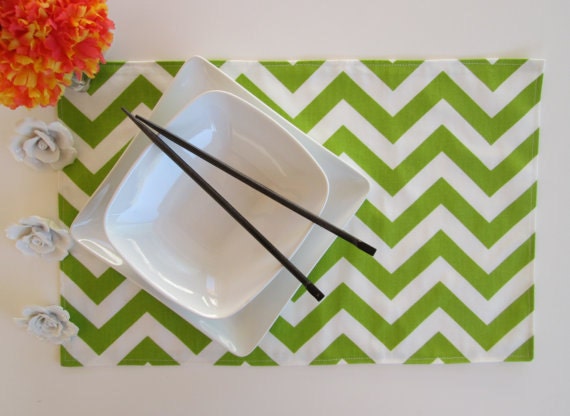 Reversible Set of 4 Placemats Premier Prints ZigZag white lime chevron designer fabric cotton place mats